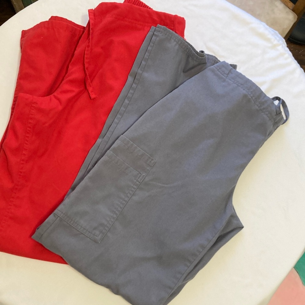 Two pairs of scrub bottoms Red and grey drawstring scrubs